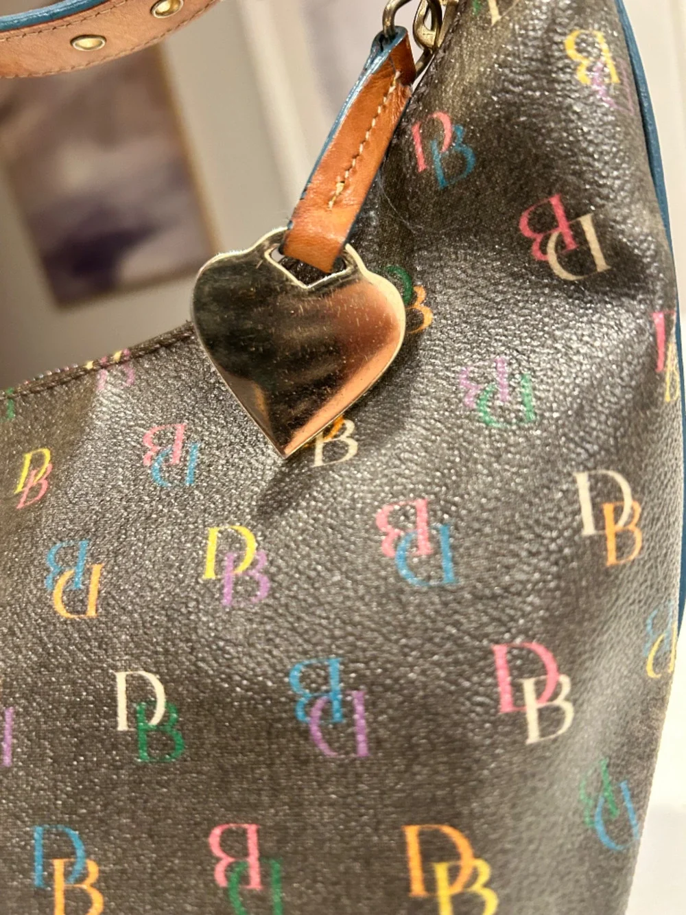 Vintage Dooney & Bourke Rainbow Monogram Brown Leather Pink Heart Zipper Handbag